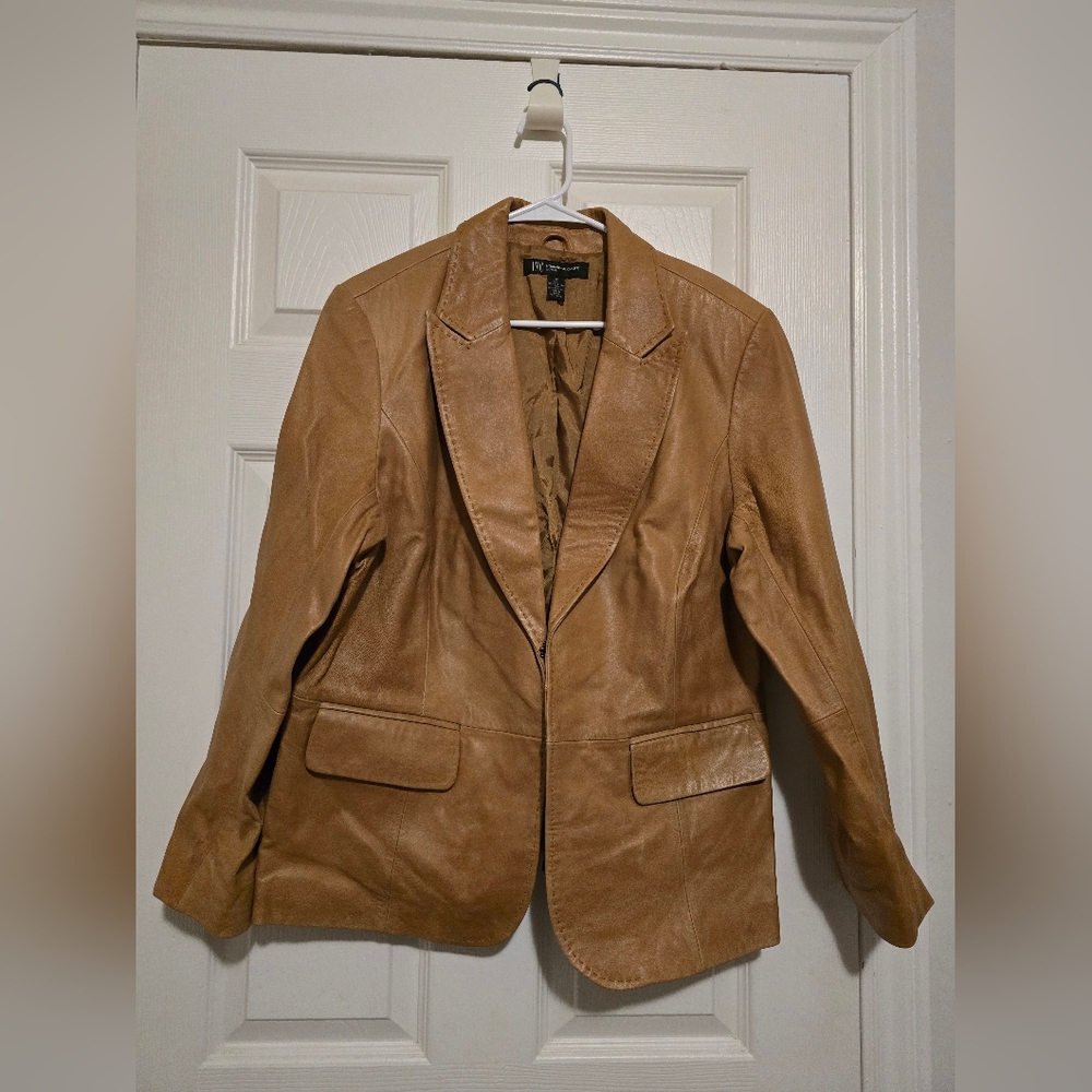 INC International Concepts Tan Leather Jacket with Wide Lapels